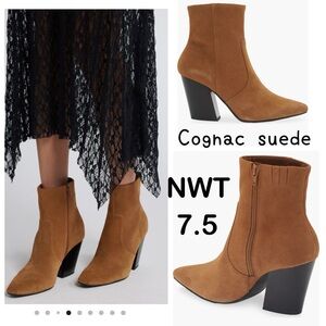 NIB cognac suede ankle boots ultra soft leather full side zipper 7.5 pointy toe